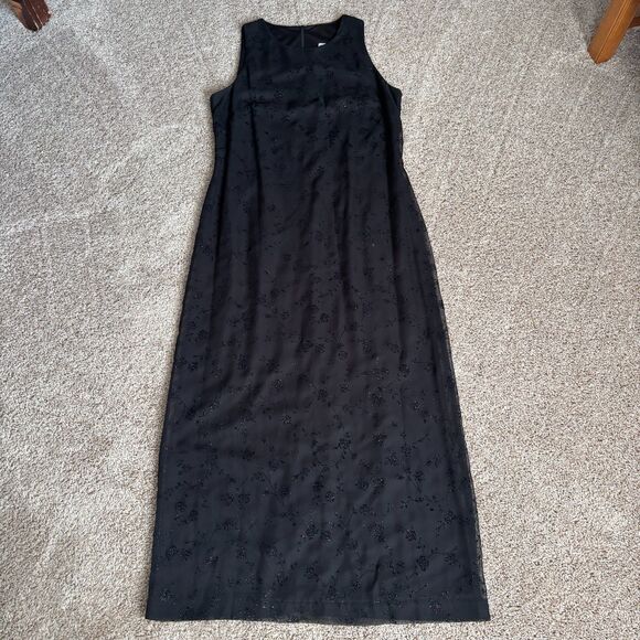 Vintage Dress Womens 10 Black Sheer Lined Floral Sleeveless Back Slit Made in US - Picture 1 of 10